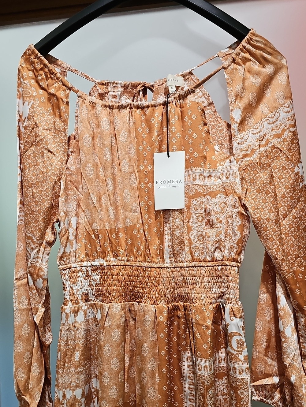Promesa Rust Patchwork Boho Cut Out Shoulder Dress